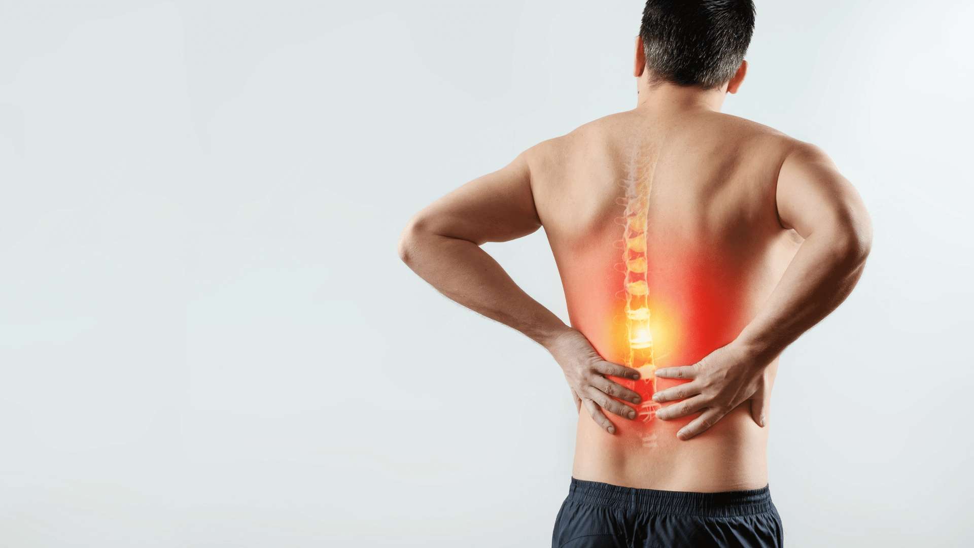 Sciatica The back of a shirtless man holding his back in pain. His spinal cord is showing through his skin and is highlighted red and yellow signifying pain.